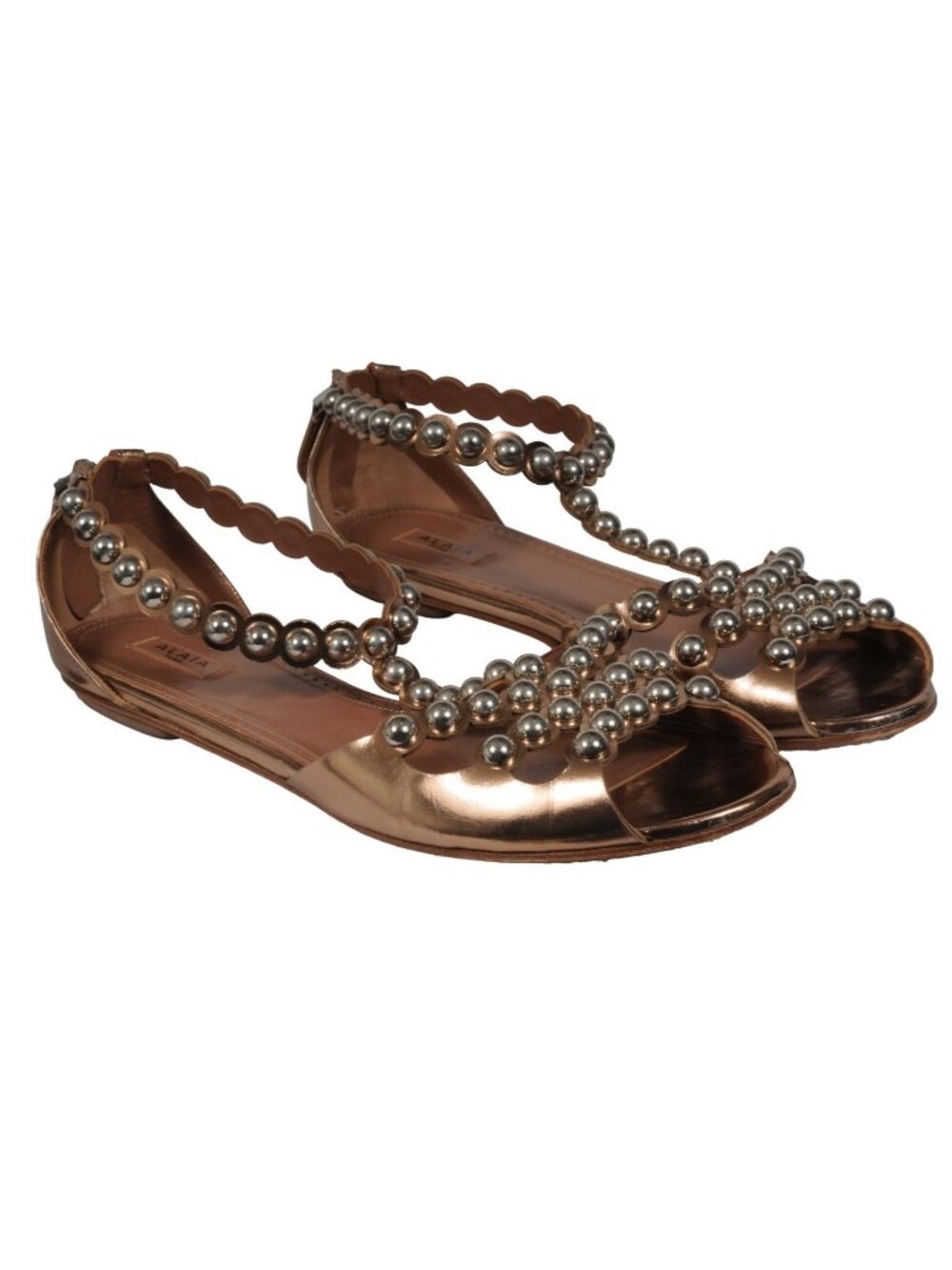Alaia Womens Studded T Strap Flat Sandals Size US 10 EU 40 Brown Bronze Leather